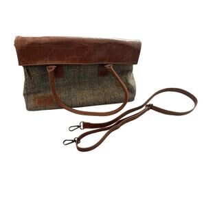 Amilu Foldover Leather & Tweed Scottish Bag Purse w/ Detachable Strap